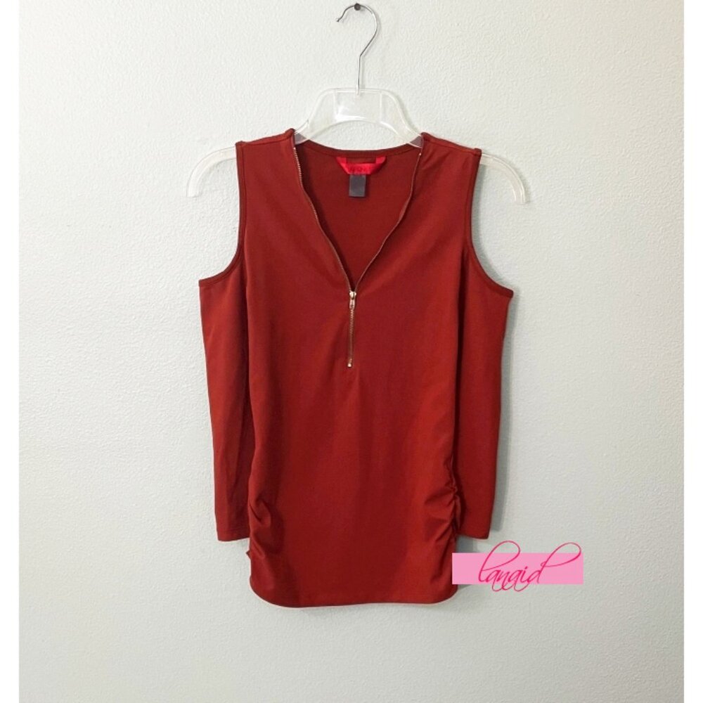 Hot Kiss Zipper V-Neck Open Cold Shoulder Faux Suede Terracotta Ruched Henley M